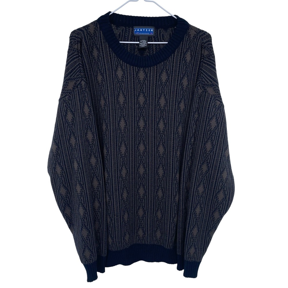 Vintage 90s Jantzen Mens XL Acrylic Geometric‎ Knit Sweater Pullover Brown
